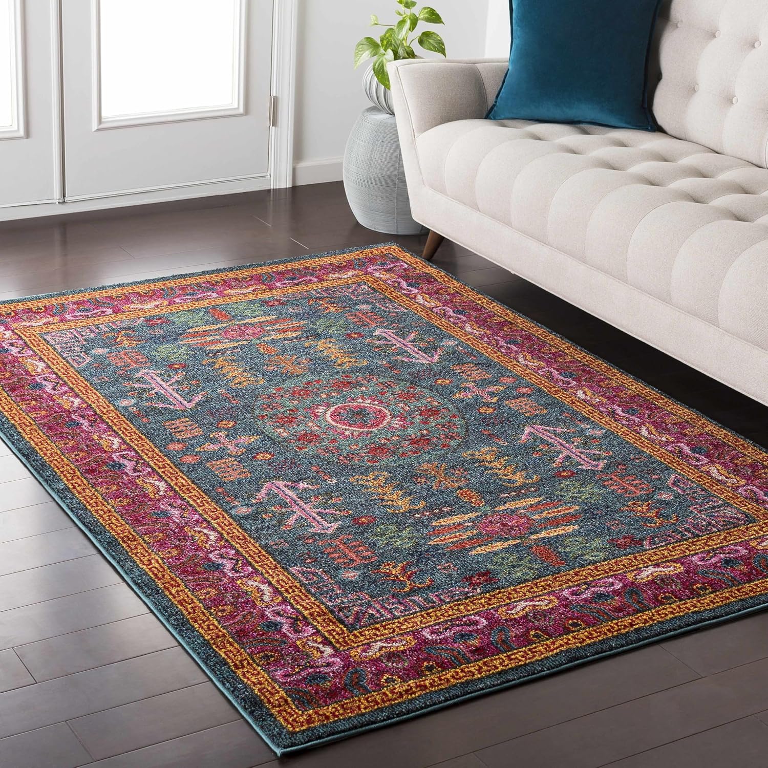 Hauteloom Cleveland Khotan Boho Vintage Living Room Bedroom Area Rug - Traditional Oriental Bohemian Abstract Style - Pink, Green, Purple, Red, Colorful - 5'3
