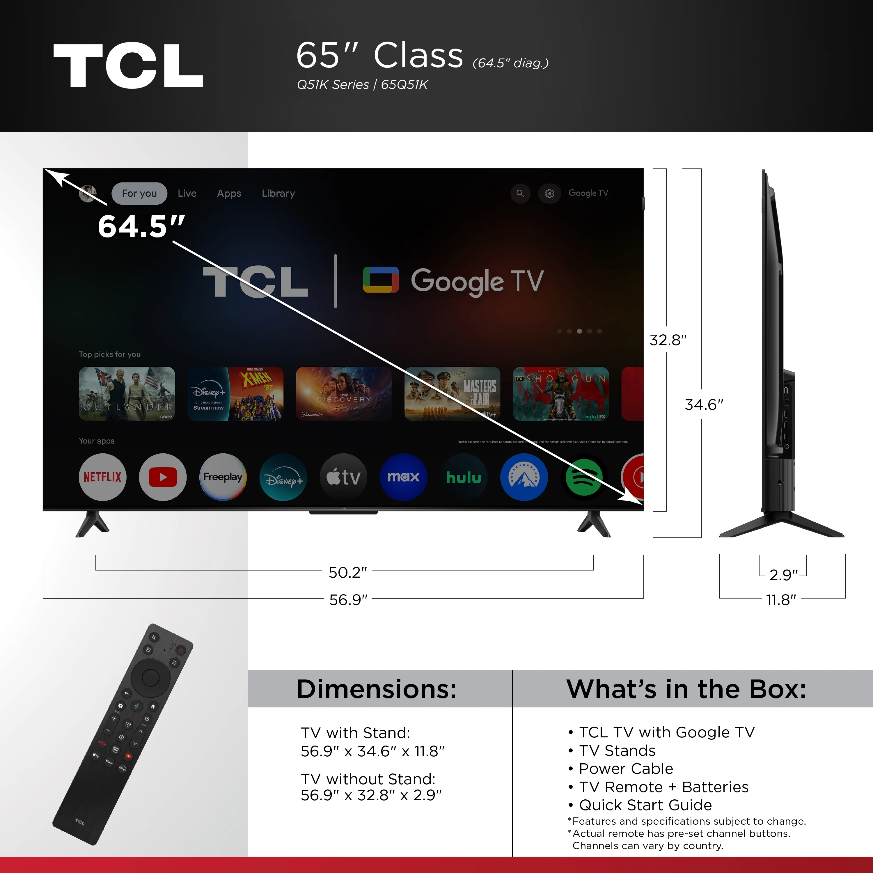 TCL 65" Q Series QLED 4K UHD HDR Smart Google TV (NEW 2025) - Dolby Vision, Dolby Atmos, Motion Rate 120, HDR 10+, Auto Game Mode - 65Q51K