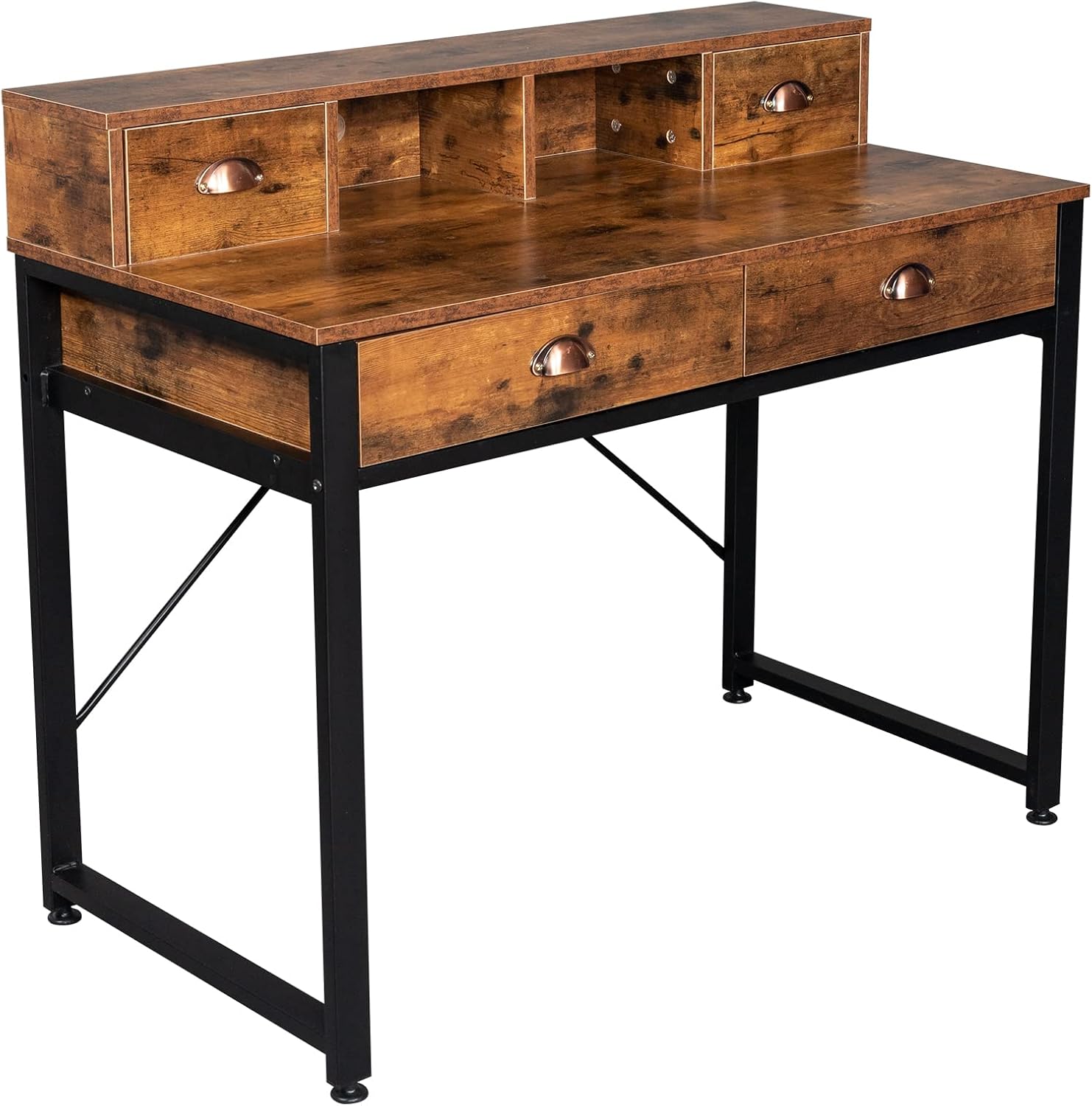 Wood Computer Desk with Drawers and Storage Shelves, 41.7 inch Home Office Desks, Modern Work Study Writing Table Desk,Home Table with Fabric Drawers, (Old Wood Color) 106 x 54 x 90cm