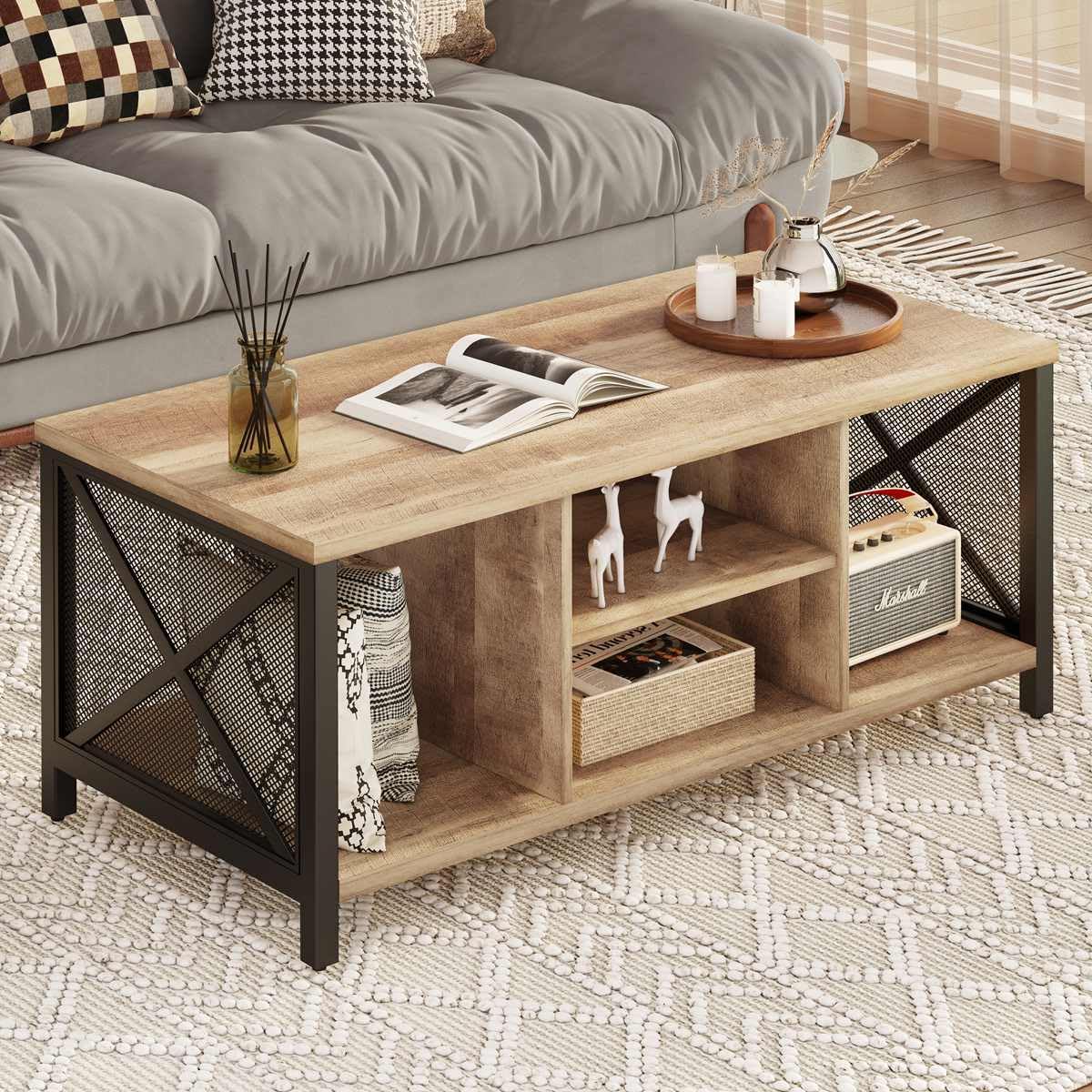 FATORRI Industrial Coffee Table and Shoe Bench for Living Room (Rustic Oak)