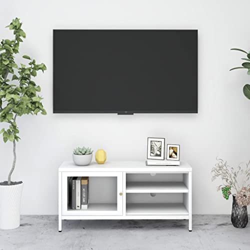 TV Cabinet,TV Table,Side Cabinet,Industrial Contemporary TV Cabinet, Media Console Table with Storage Cabinet,TV Desk Storage Rack,Includes a Glass Door, White 35.4