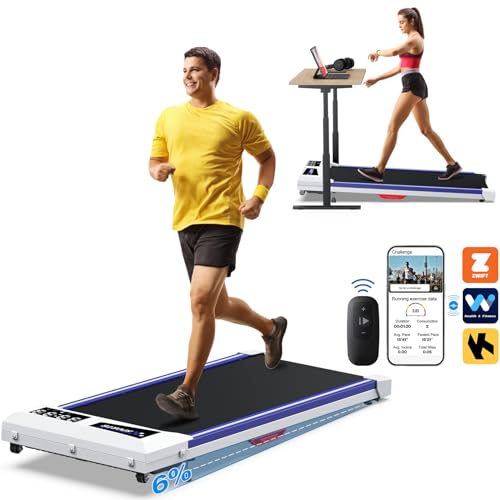 Walking Pad with Incline, Under Desk Treadmill for Home Office, 2.5HP 6% Incline Voice Control Smart Treadmills Compatible with WELLFIT ZWIFT KINOMAP APP for Home/Office - 300 LB Capacity