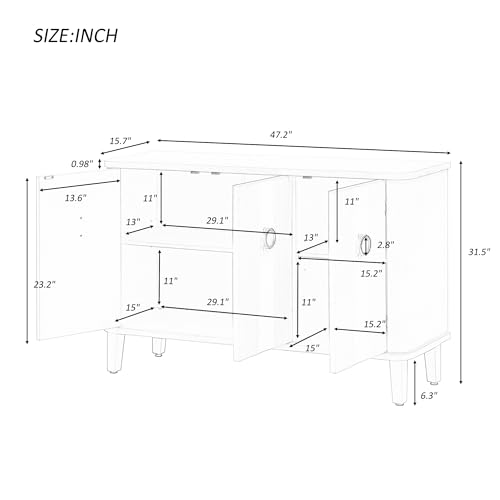 Modern Console Table with Three fir Doors and Adjustable Shelves,Entryway Table with Durable Cedar Legs,Hallway Table Cabinet for Living Room, Hallway, Entrance, White