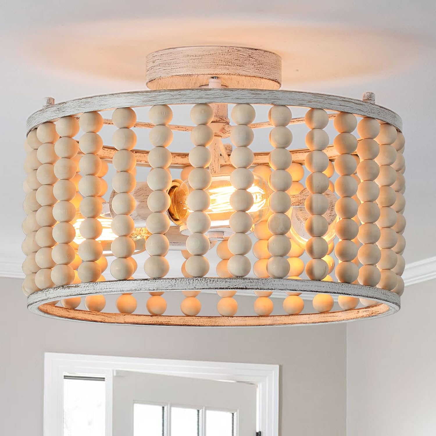 tewei Wood Beaded Boho Chandelier Light Fixture, Semi Flush Mount Ceiling Light 3-Light Rustic Nursery Close to Ceiling Light for Bedroom Kitchen, Living Room, Oak White, E26 Base