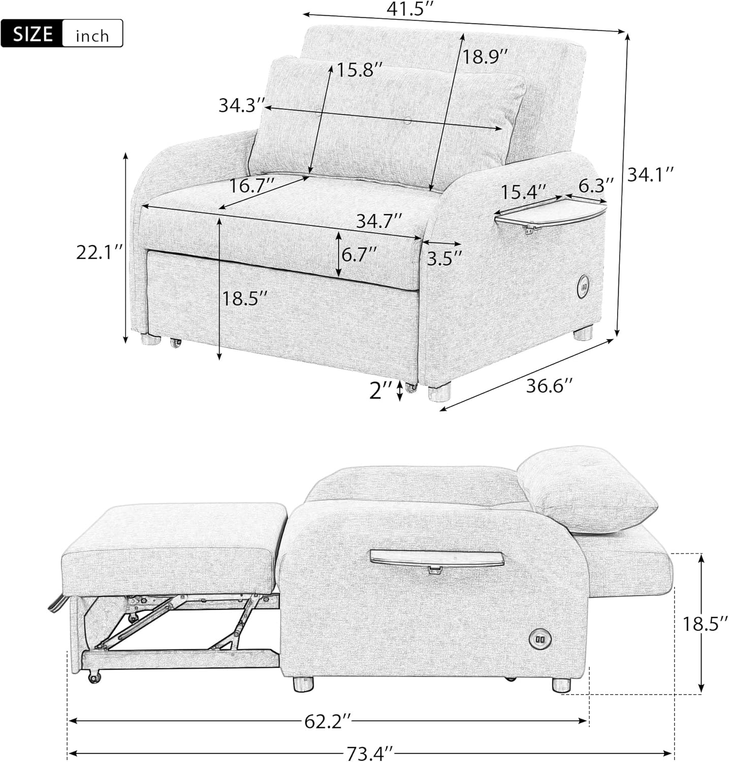 NicBex Folding Chair Bed Practical Chair to Bed Convertible for Adults Pull-Out Sofa Sleeper with 2 Wing Tables Nap Line Fabric Suitable for Apartments, Dormitories, Studios, Offices, Beige