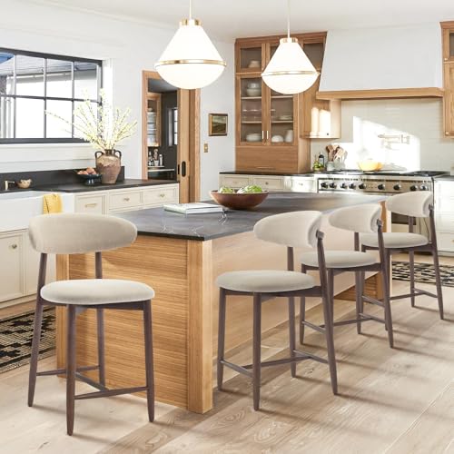 COLAMY Modern Counter Height Bar Stools, Wooden Bar Stools Set of 6, 25 Inch Upholstered Fabric Barstools with Backs and Wooden Legs for Kitchen Island Dining Room Bar Shop, White Wash