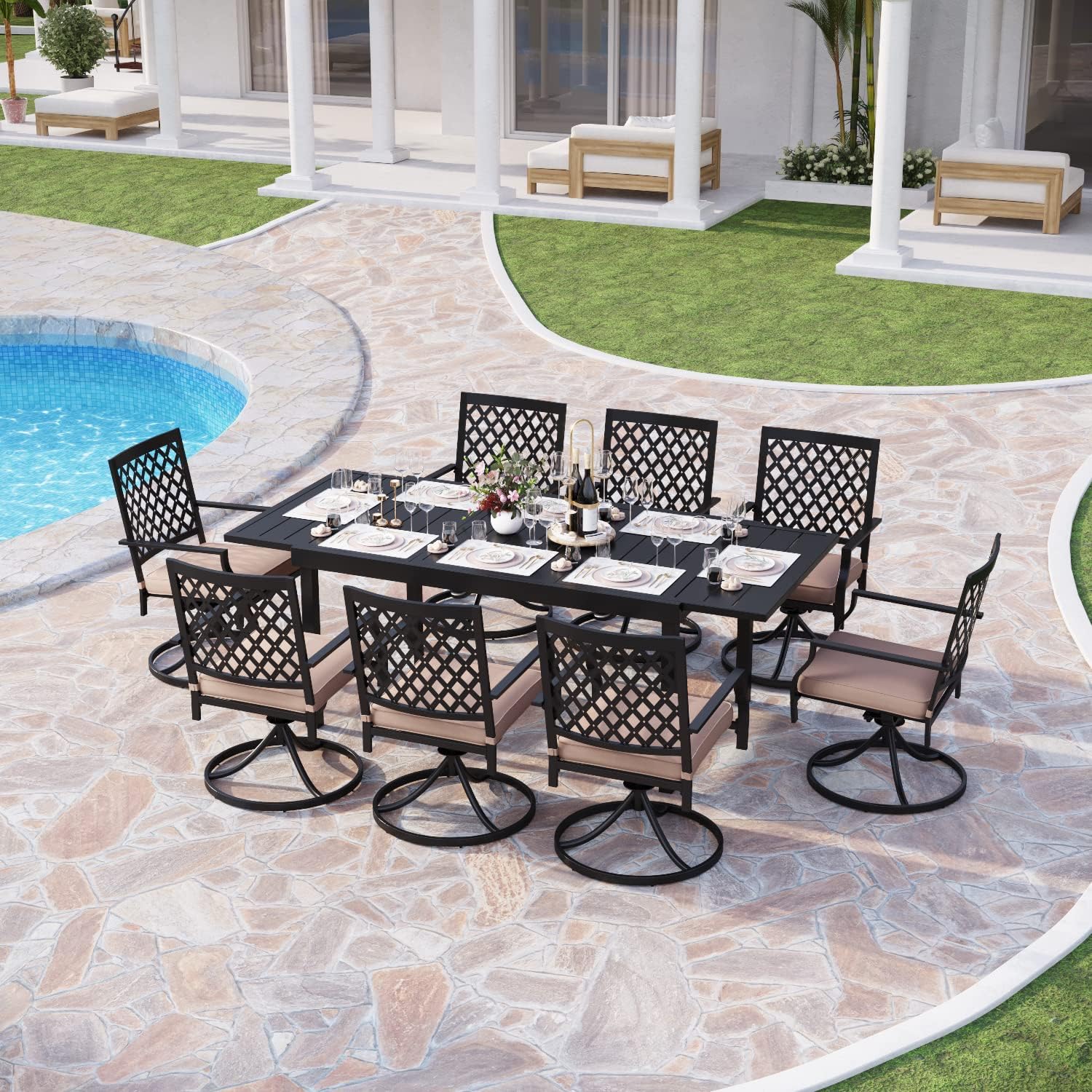 PHI VILLA 9 Pieces Outdoor Dining Set, Expandable Metal Table (64