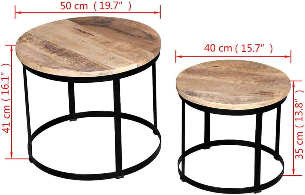 Two Piece Coffee Table Set Rough Mango Wood Tea Table for Living Room Round 19.7