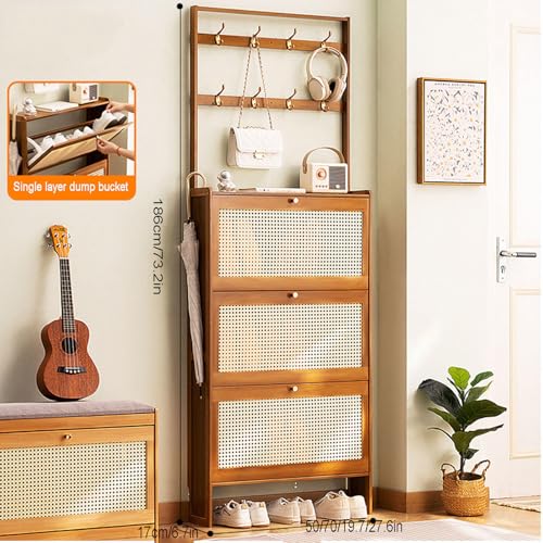 Shoe Cabinet with Flip Drawer Multifunctional Slim Hidden Slim Shoe Rack Organizer Freestanding Bamboo Shoe Shelf Coat Rack for Closet Hallway Bedroom Entryway, A-50*24*152cm