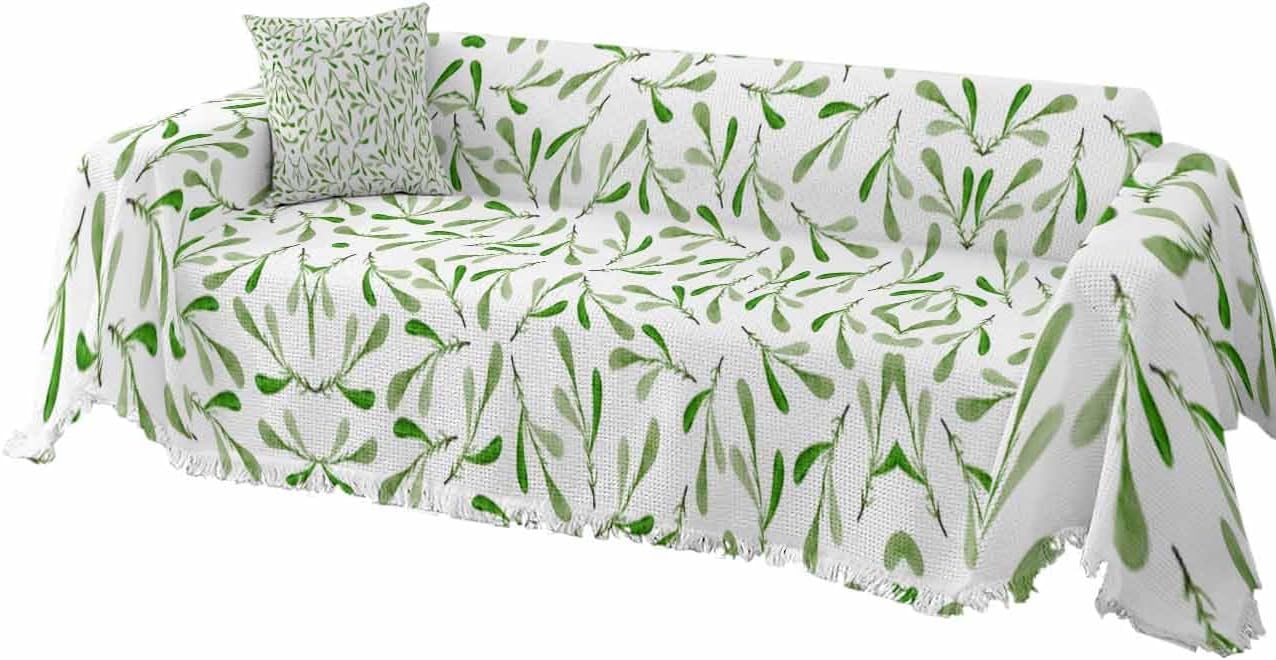 Leaf Green Sofa Cover Couch Covers for 3 Cushion Couch Throw Couch Cover with Tassel Soft Sofa Slipcover Abstract Leaf Plants Texture White Couch Furniture Protector for Dog Pet 71