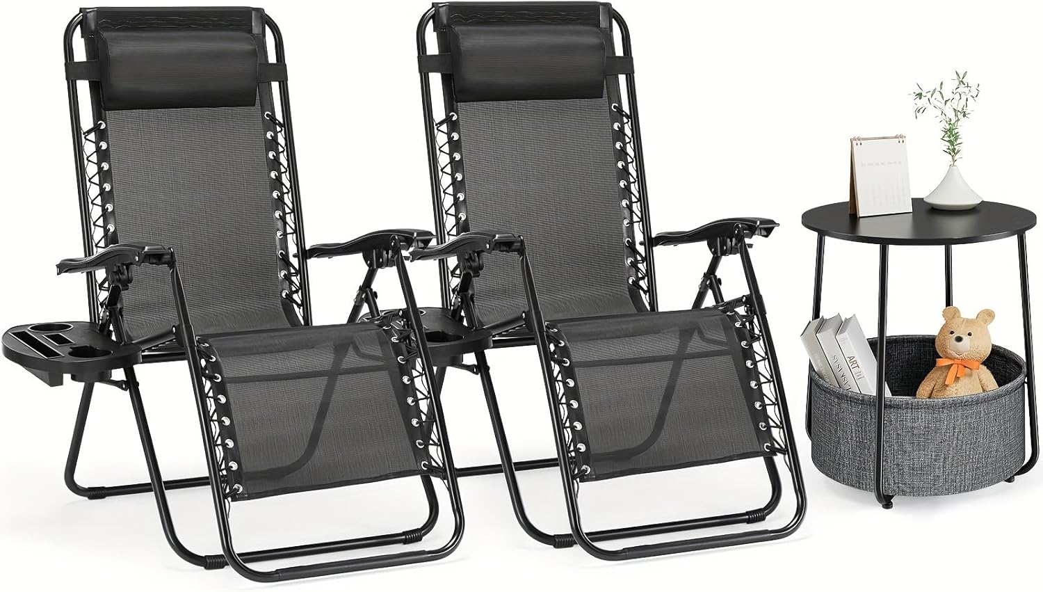 ANTONIA 2 zero gravity chairs, portable lounge chairs and modern circular side tables with fabric baskets,black table,black chair