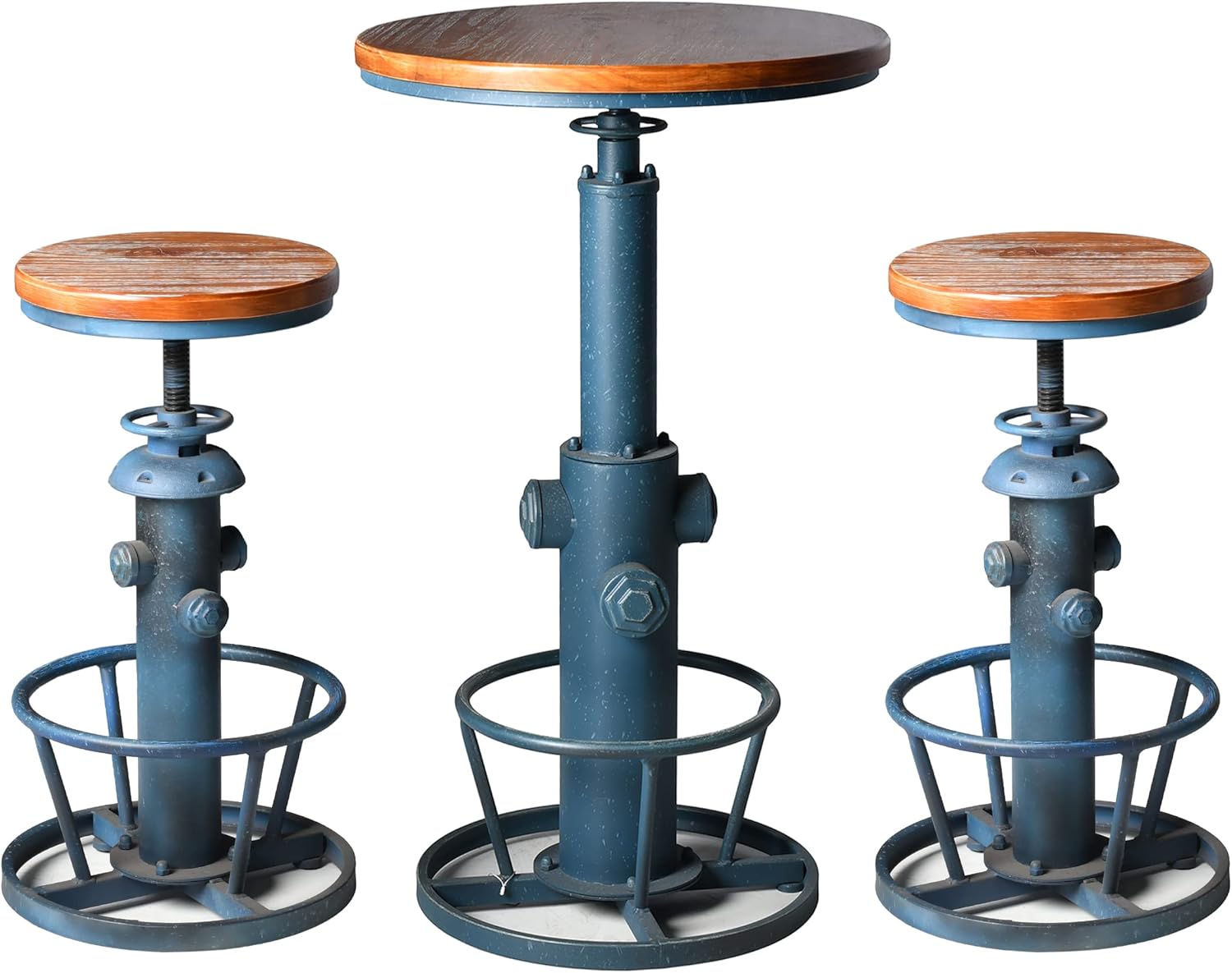 Topower 3 Piece Pub bar Set Retro Round bar Table and Stools for 2 Height Adjustable Pub Table and stools Match bar Height and Counter Barstool Antique Blue(1 Table + 2 Chairs)