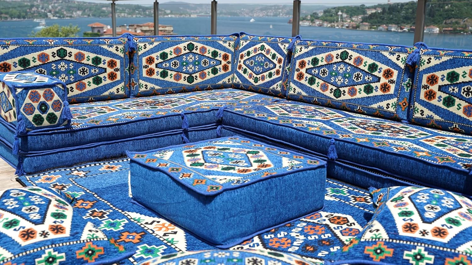 Arabic Floor Sofa Set, Sectional Sofas, Arabic Majlis, Sofa Cushion, Patio Furniture, Modular Sofa, Ottoman Couch, Iraqi Majlis (8'' Thickness Sofa, L Sofa Full Set, Royal Blue)