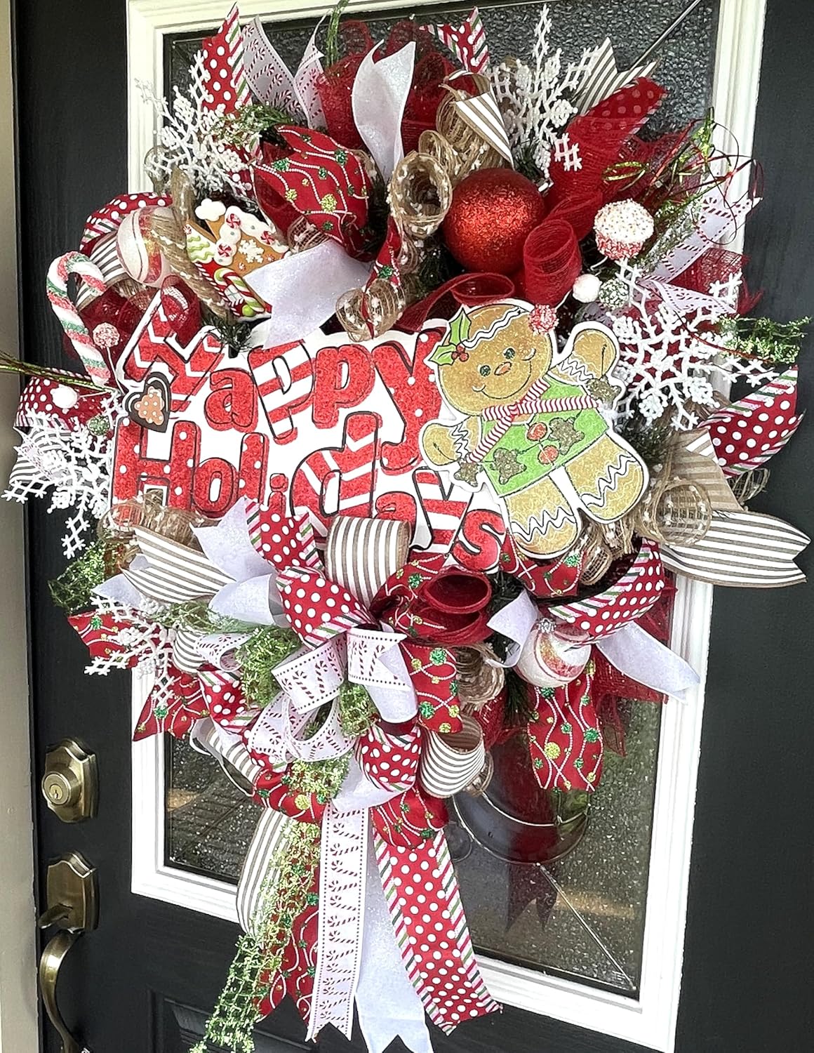 Over The Top XL Gingerbread Christmas Wreath, Front Door, Deco Mesh & Ribbon, Handmade, Porch Patio Decoration, Indoor Outdoor, Green, Red, Brown, White