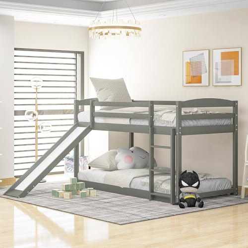 House Bunk Bed with Convertible Slide and Ladder Twin Bed Frame with Safety Guardrail Pine Wood Bunk Bed without Mattress for Family Bedroom,Gray2,Twin