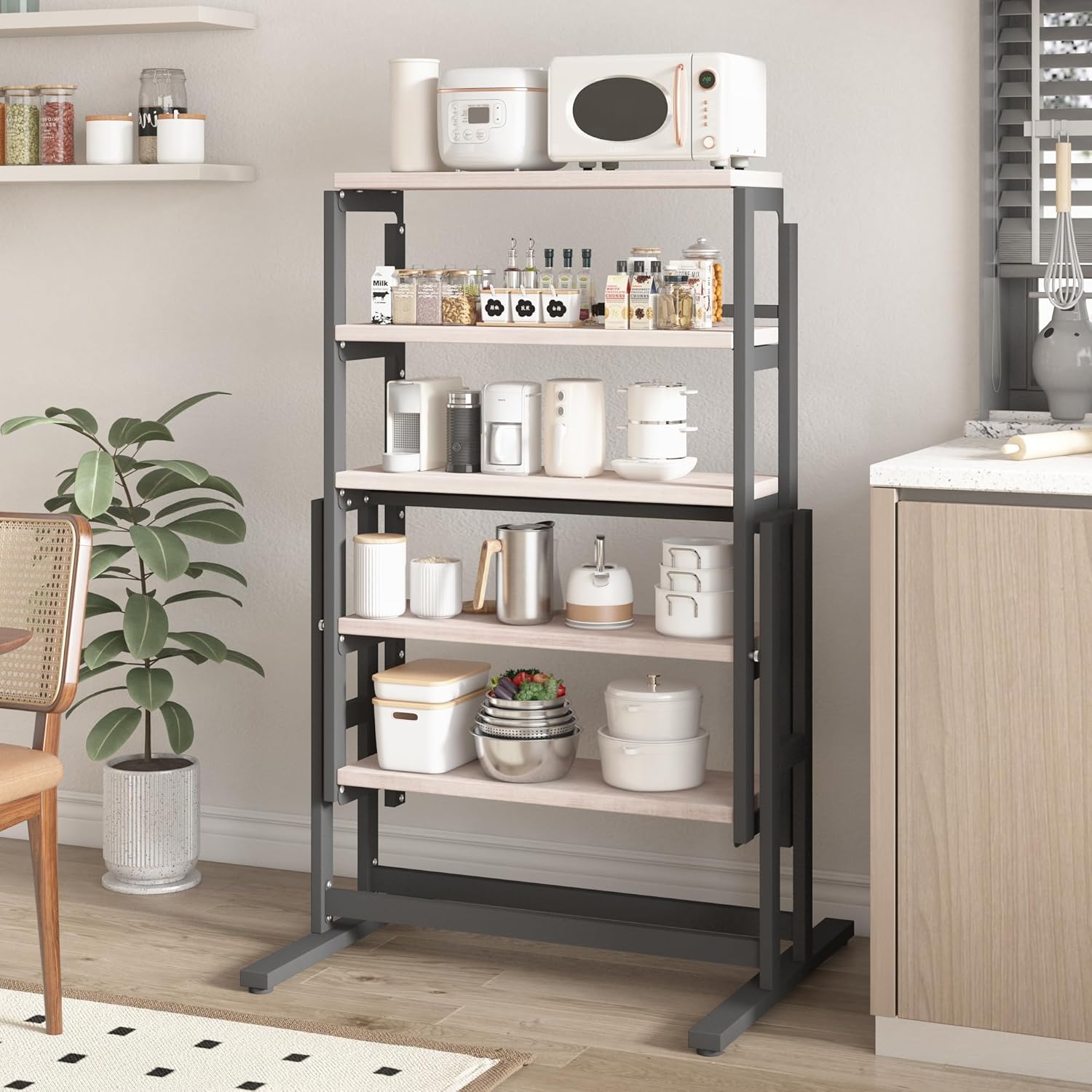 Space Saving Convertible Shelf Table, Multipurpose Converting Kitchen Dining Table to Shelf, Wood and Metal Convertible 2 in 1 BookShelf to Dining Table