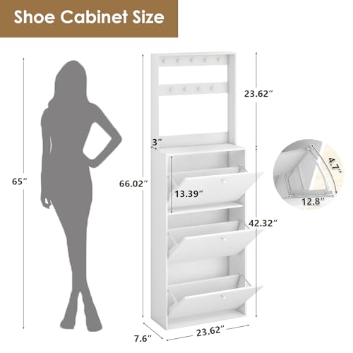 Shoe Storage Cabinet with 3 Flip Drawers, Narrow Shoe Organizer with 9 Hooks Coat Rack, Freestanding Shoe Rack for Entryway,Hallway, Foyer, Bedroom, White