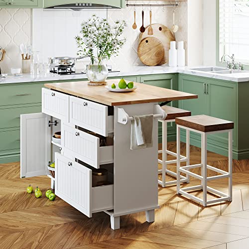 Kitchen Island with Seating, Kitchen Bar Table with Stools, Drop Leaf and 2 Seatings, 5 Drawers, Solid Wood Dining Table Set with Storage Cabinet, Drawers and Towel Rack White One Size