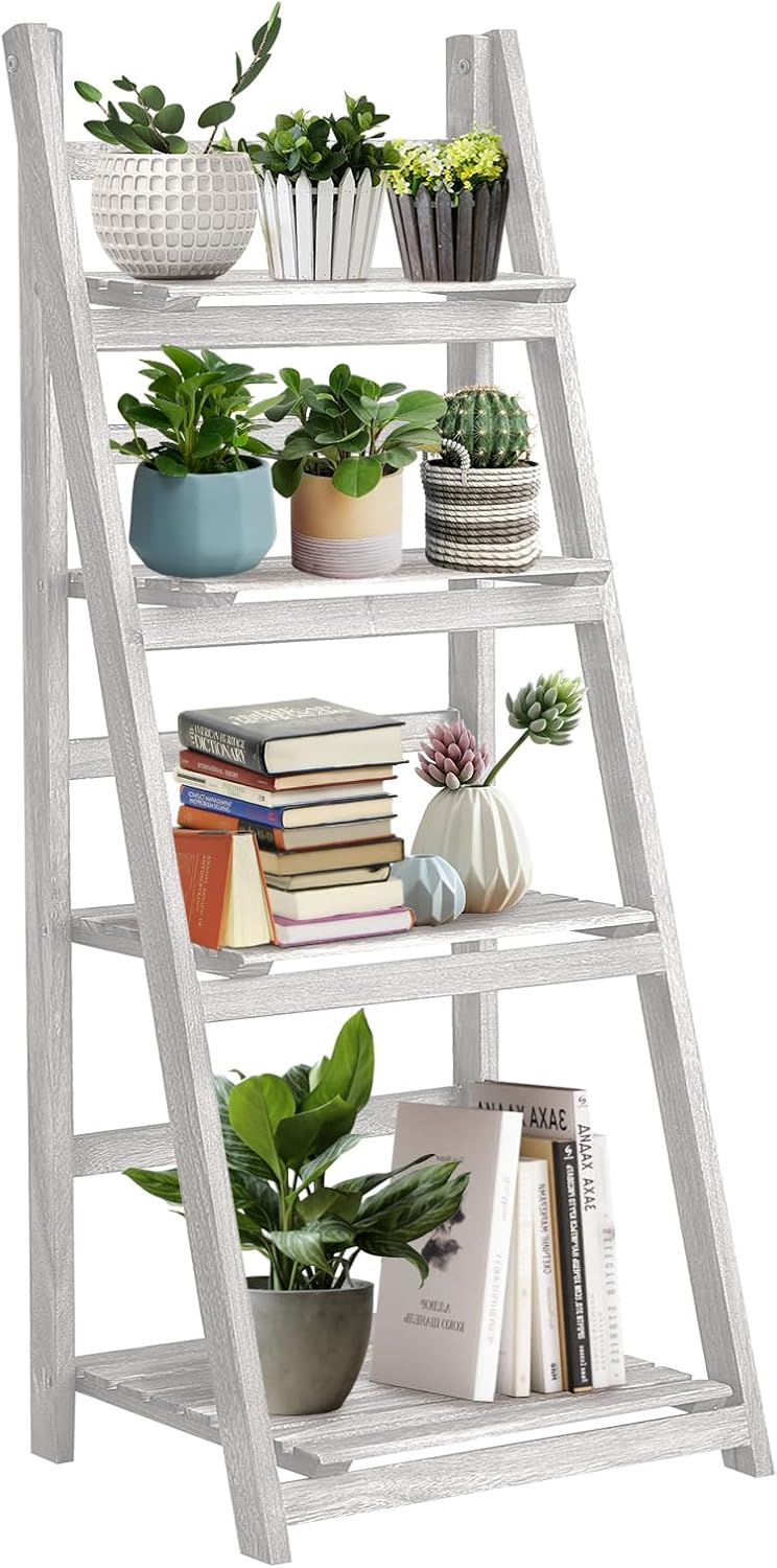 4-Tier Folding Plant Stand Wooden Foldable Plant Shelf, Flower Pot Display Shelf Rack Tiered Plant Stand, Flower Display & Storage Rack for Indoors Outdoors Home Patio Balcony Garden (White)