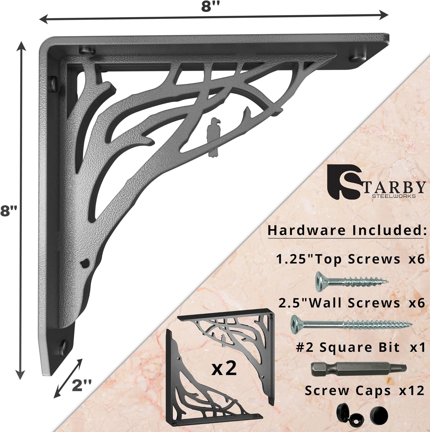 Starby Angel Oak Heavy Duty Shelf Bracket Kit, 8 inch x 8 inch - Set of Two Metal Shelving Brackets - Wood Shelves, Decorative Countertop Corbel and Mantel Mounting Support with Cast Iron Finish