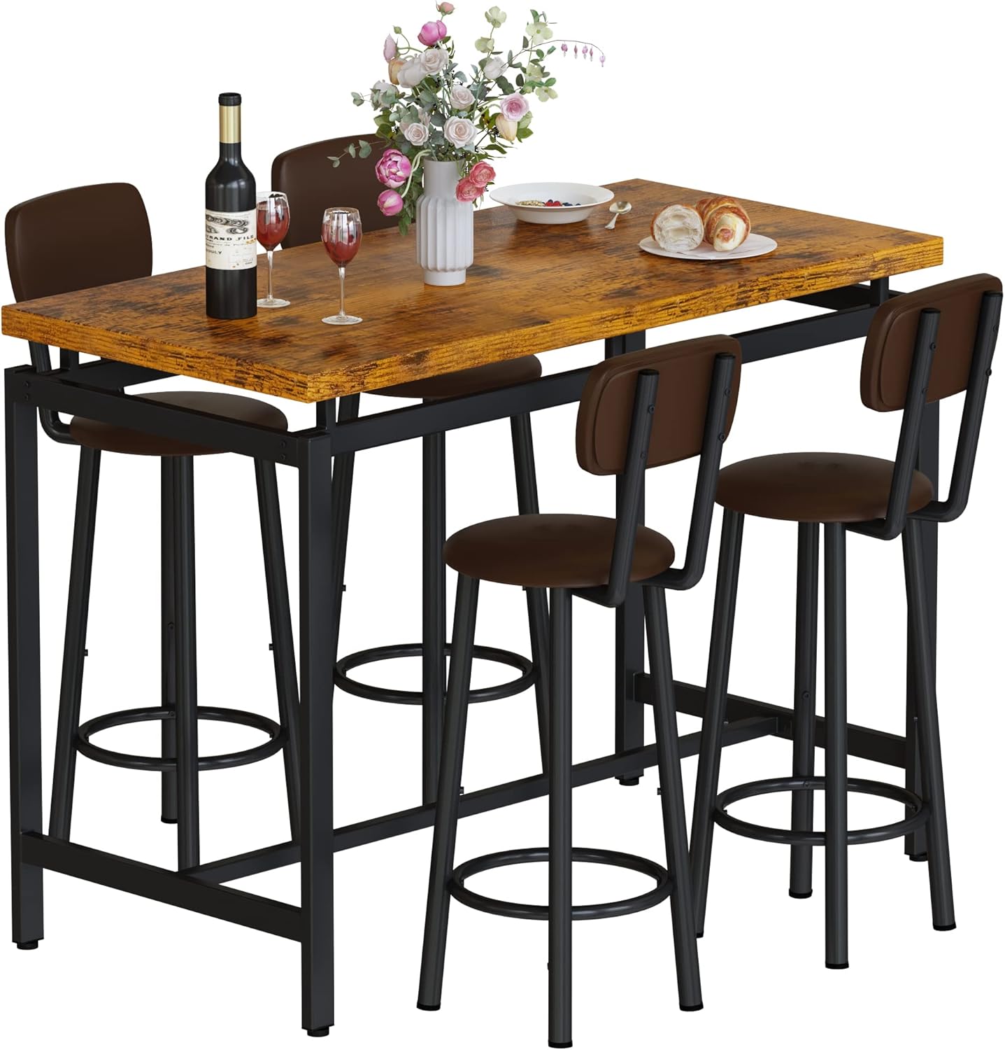 AWQM Counter Height Pub Bar Set of 4, Table & 4 Backrest Stools, Rustic Brown