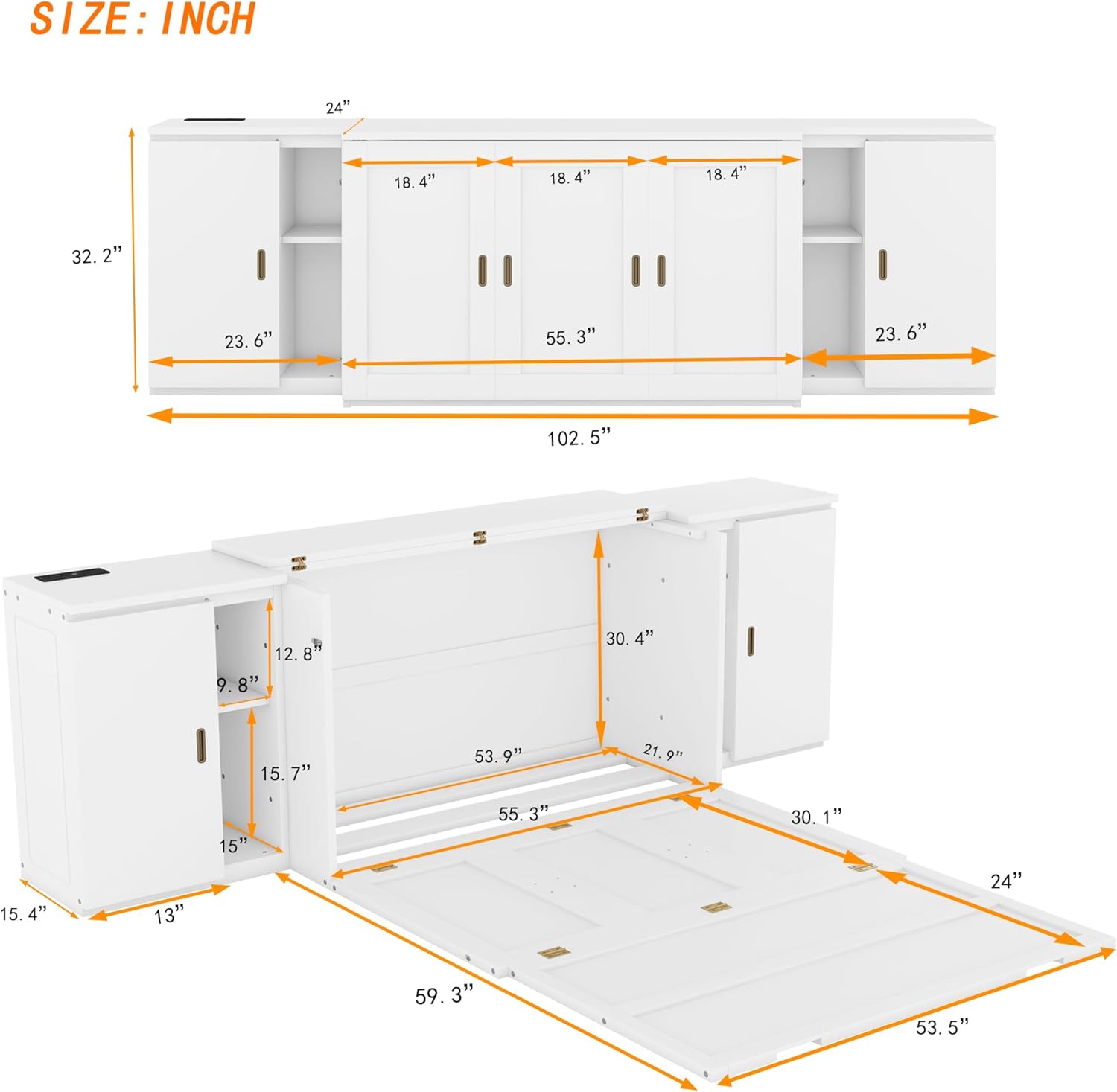 Full Size Murphy Bed with Storage Shelves and Cabinets,2 in 1 Murphy Cube Cabinet Bed with USB Ports,Space-saving Wooden Bedframe for Bedroom,Guest Room Lounge or Office, Apartment（White）