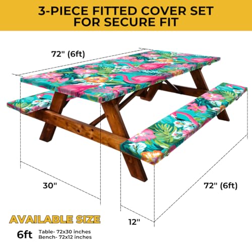 6ft Polyester Picnic Table Cover with Bench Covers and Carrying bag, Elastic all Around, Flannel Backing and Waterproof Picnic Table Covers with Elastic for Outdoor Picnic 72x30 Inches 4Pcs