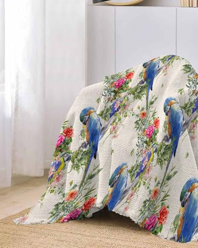 Blue Birds Cover Couch Covers for 3-4 Cushion Couch Throw Couch Cover with Tassel Soft Slipcover Vintage Spring Watercoloor Pink Red Floral White Couch Furniture Protector for Dog Pet 71