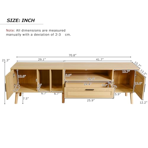 LUMISOL Rattan TV Stand with 2 Storage Cabinets & 2 Open Shelves, Entertainment Center for TVs up to 80'', Modern Media Console for Living Room Home Theatre, Natural