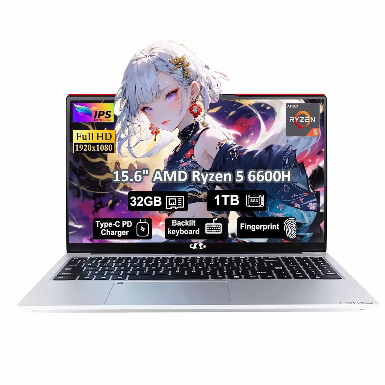 15.6" Gaming Laptop,IPS FHD Laptop AMD Ryzen 5 6600H 6-Cores 660M GPU 32GB DDR5 RAM 1TB SSD(Beat i7-1165G7, Up to 4.5GHz) Computer with 100W GaN Type C Fingerprint Backlit Keyboard Win 11