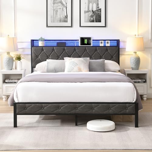 Queen Size Bed Frame with Storage Headboard,Smart LED Lights and Charging Station,Queen Platform Bed Frame with 2 Storage Drawers,Noise Free,No Box Spring Needed (Queen with 2 Drawers)