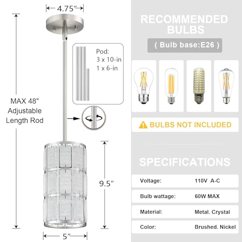 3 Pack 1 Light Hanging Modern Kitchen Island Frosted Crystal Pendant Light Fixture,Black Finish Crystal Shade for Bar,Dining Room,Corridor,Living Room Over Sink