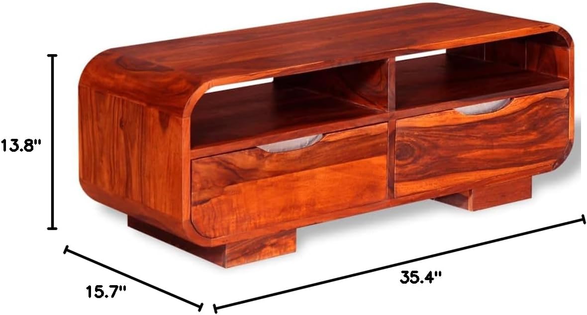Stylish Elegant Coffee Table, Sturdy Durable Solid Sheesham Wood Coffee Table with Compartments and Bin Drawers, TV Stand for Home Living Room, Office 35.4
