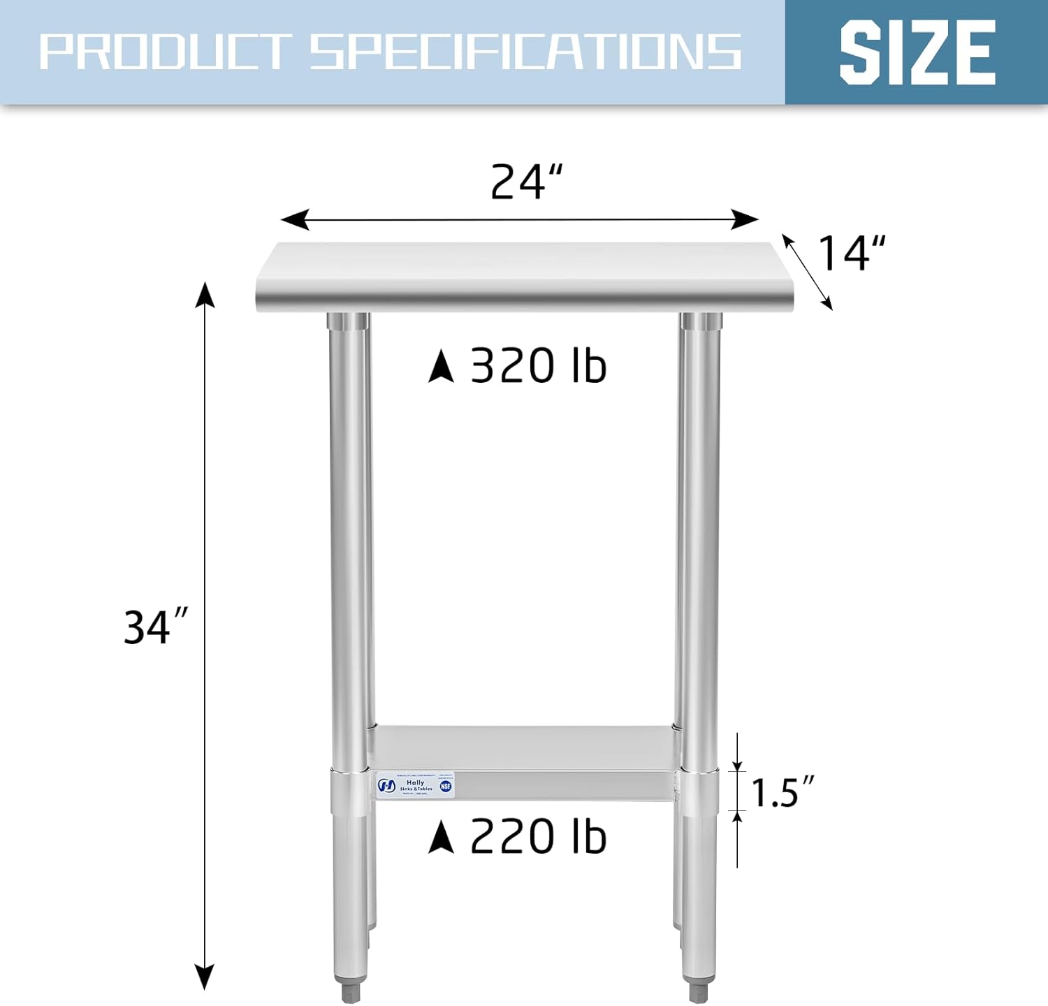 HALLY Stainless Steel Table for Prep & Work 14 x 24 Inches, NSF Commercial Heavy Duty Table with Undershelf and Galvanized Legs for Restaurant, Home and Hotel