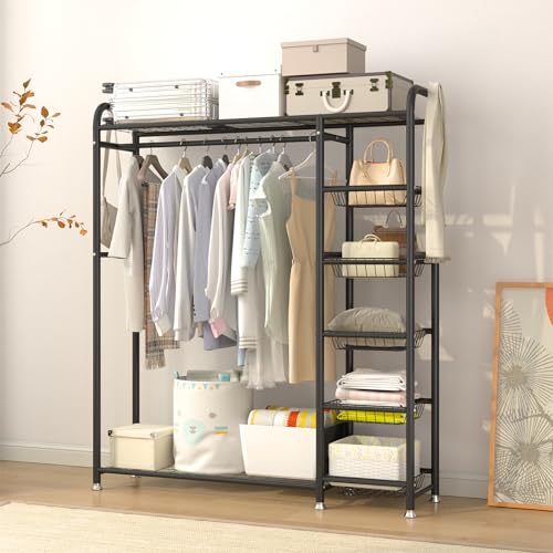 White Metal Garment Rack for Hanging Clothes, Sturdy Versatile Wardrobe Rack with 2 Storage Racks and 5 Baskets, Closet Organizer, Free Standing Clothing Rack for Bedroom, Living Room