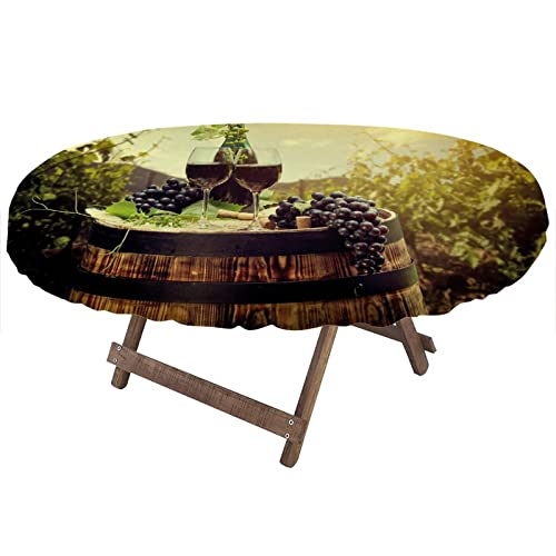 Winery Oval Table Cloth, Red Wine Bottles with Grapes on Timber Board Elastic Oval Fitted Table Cover, Oil&Waterproof for Camping, Dining, Outdoor,, 52x70 in, Green Blue