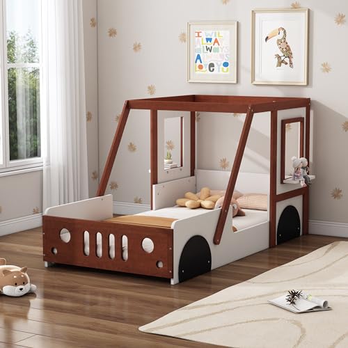 Twin Size Car Bed with Roof, Wooden Twin Floor Bed with Wheels Design, Funny Platform Bed in Car-Shaped for Boys and Girls, Grey