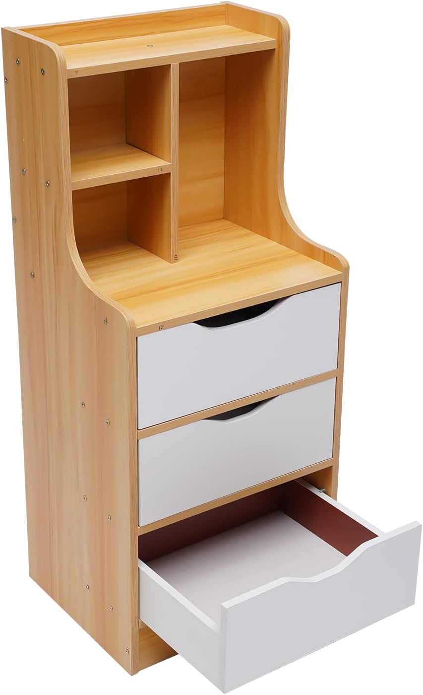 Modern Wood Nightstand, Space-Saving Nightstand End Bedside Table Storage Cabinet with Open Shelf and 3 Drawer, Rectangular Wood Nightstand Bedside Table for Home Office