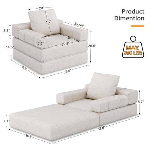 Convertible Sleeper Bed Folding Accent Arm Sofa Chair，Modern Linen Fabric Foldable Single Couch Comfy Thick Pad Floor Mattress with Pillow for Living Room，Guest Room，Office (Beige, 36.6