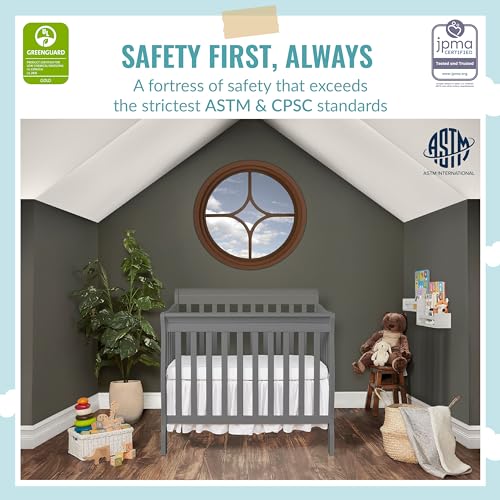 Aden 4-in-1 Convertible Mini Crib in Black, Greenguard Gold Certified, Non-Toxic Finish & Sunset 3” Extra Firm Fiber Crib Mattress, Greenguard Gold Certified