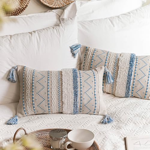 Decorative Throw Pillow Cover 18X18 Combo Set of 2 Square Cream Neutral White Boho Accent Pillowcase Tassels Farmhouse Cushion for Couch Sofa Bedroom Living Room Home Décor Cover ONLY