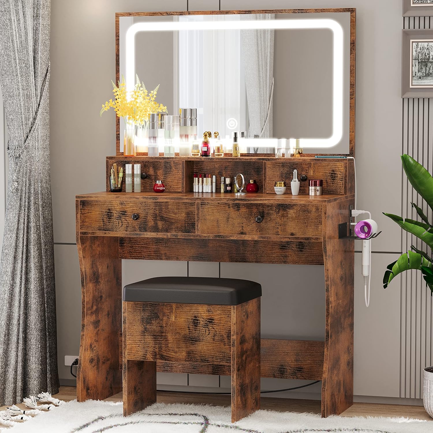 LIKIMIO Vanity Desk with LED Lighted Mirror & 4 Drawers Dressing Makeup Table Set with Storage Stool and Nightstand Bedside Table with Drawer