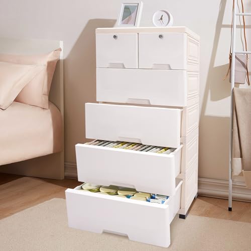 Plastic Drawers Dresser with 6 Drawers, 19.69 * 13.78 * 40.16 inch PP Plastic Tower Closet Organizer with Wheels and Lock Suitable for Apartments Condos Dorm Rooms (Gradient Pink)