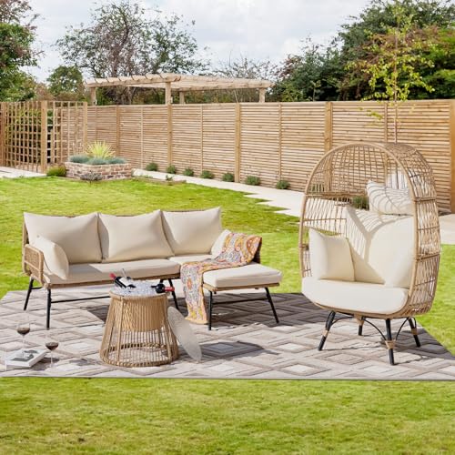 NICESOUL® Closeout 6 Seats Outdoor Chair Set with Round Ice Bucket and Stationary Egg Chair Boho Style Woven Gray PE Wicker Patio Conversation Sofa Lounge Set Clearance Yard Porch Dark Grey