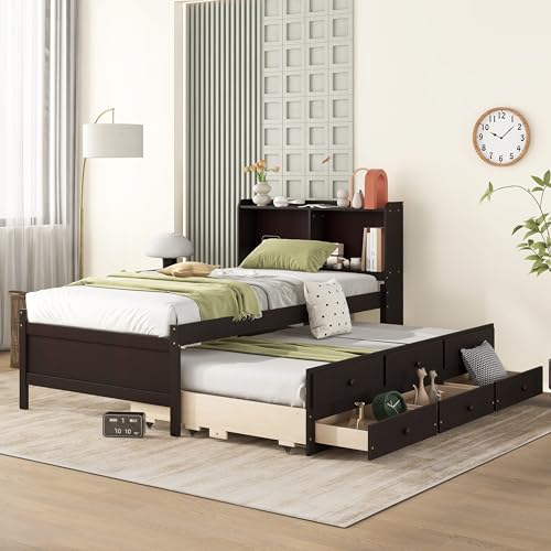 Full Size Bed Frame with Trundle,Captain’s Bed Full with Bookcase Headboard for Kids,Trundle Bed with Storage for Kids,Teens,Adults(Grey)