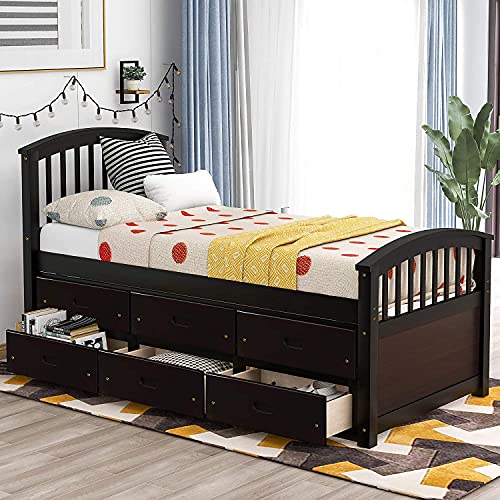 Twin Captains' Bed, Twin Daybed with 6 Storage Drawers, Twin Wood Platform Bed Frame with Headboard and Footboard for Kids Boys Girls Teens Adults, No Box Spring Need, Espresso