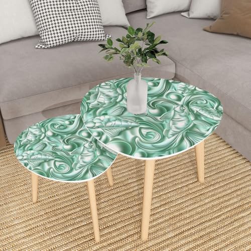 Small Coffee Nesting Table East Asian Celadon Pattern Floral Motifs Mythical Creatures Triangle End Table Center Table Set of 2 Modern Side Table for Living Room Bedroom Balcony