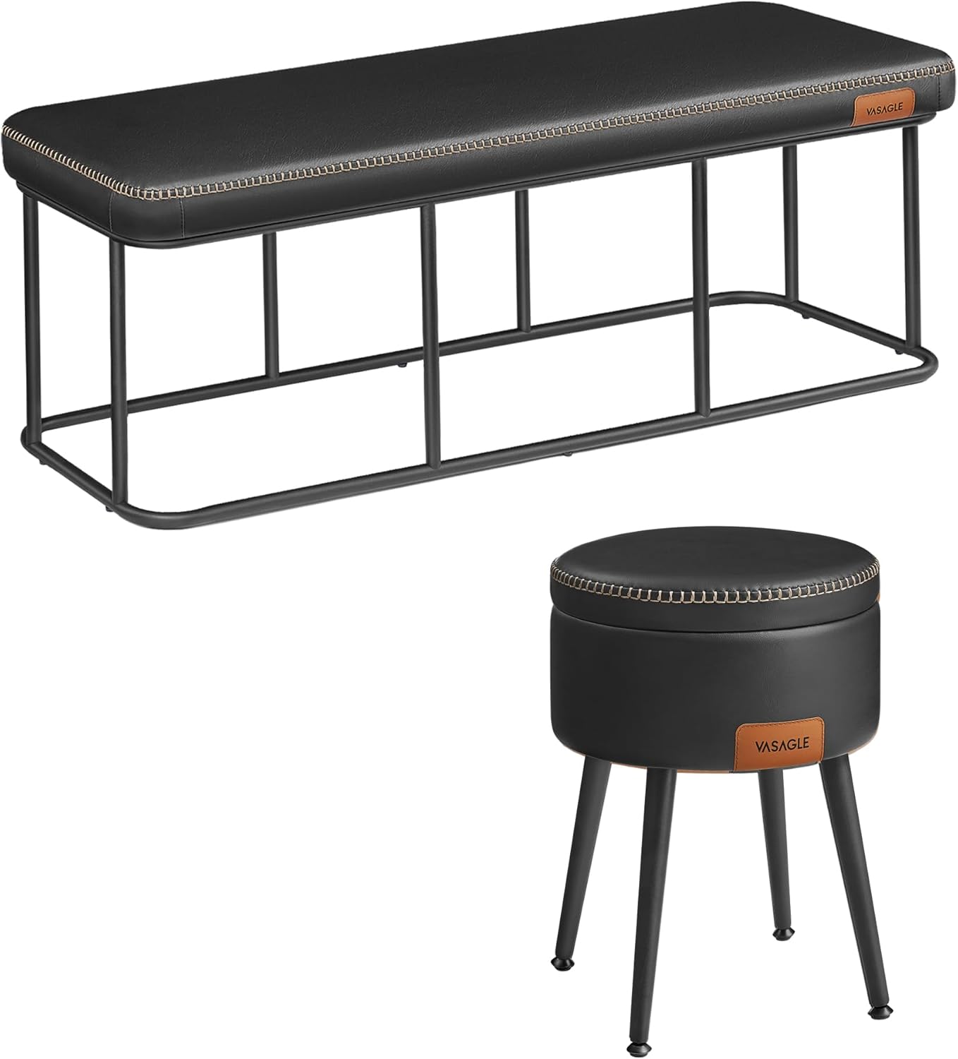 VASAGLE EKHO Collection - Bedroom Bench and Storage Ottoman Bundle, Vanity Chair Stool with Steel Legs, Synthetic Leather with Stitching, Mid-Century Modern, for Entryway ULOM073B01 and ULOM005B01