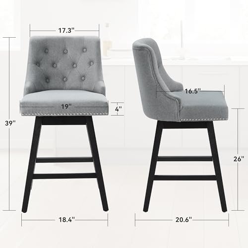 Kitchen Island Dining Chairs, Counter Height 26'' Swivel Upholstered Padded Seats Bar Stool with Back Set for 2, Tall Modern Mid Century Comfortable Barstool with Wood Legs for Home Bar-Beige