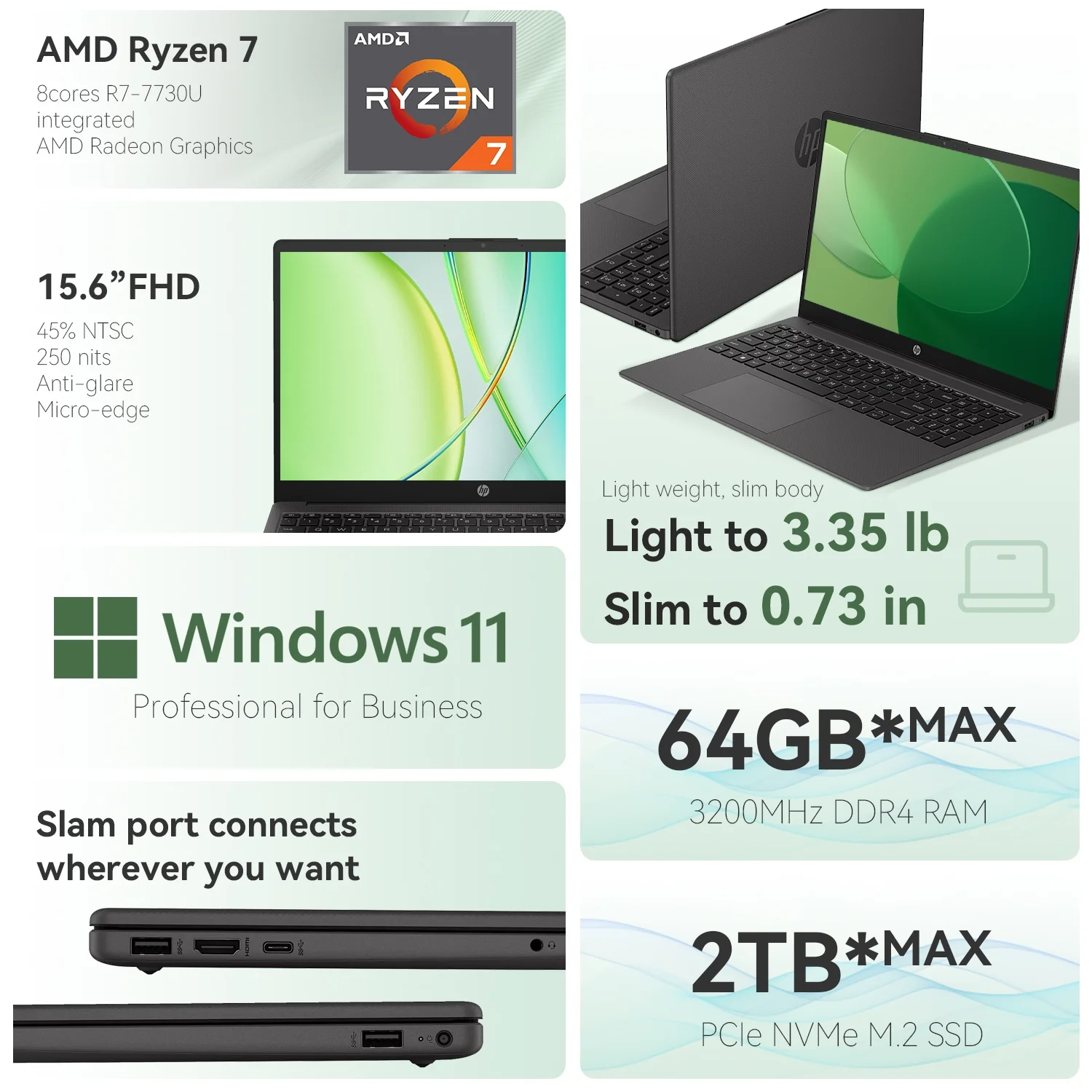 HP Newest 255 G10 Professional Business Laptop, AMD Ryzen 7 7730U, 15.6" FHD IPS Display, 32GB RAM, 1TB SSD, HDMI, Wi-Fi 6, Webcam, W11P, Black